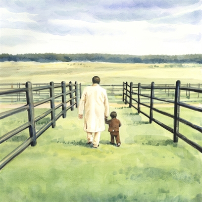 Hand Painted Watercolor Portrait of A Father with His Little Child Walking in a Farm,by myDaVinci - myDaVinci